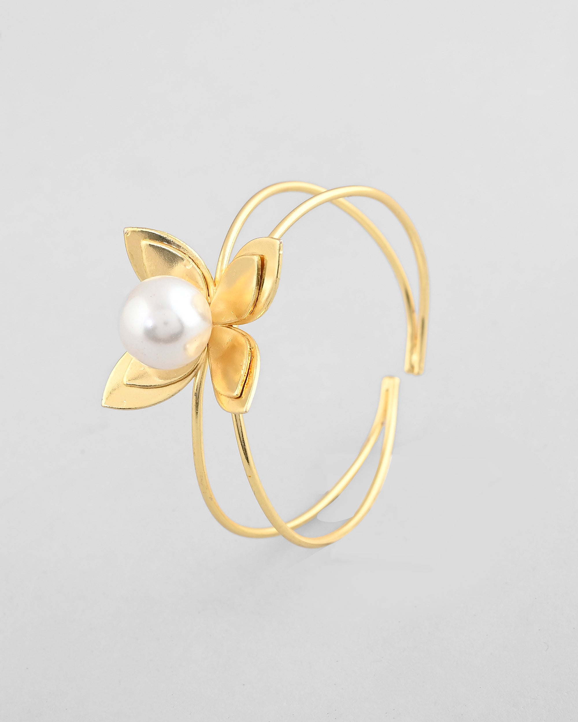 VOJ Gold-Polished Flower Shaped With Pearl In Center Kada Bracelet - Distacart