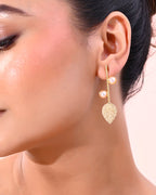 VOJ Gold-Polished Leaf Shaped with Pearl Studded Earrings - Distacart