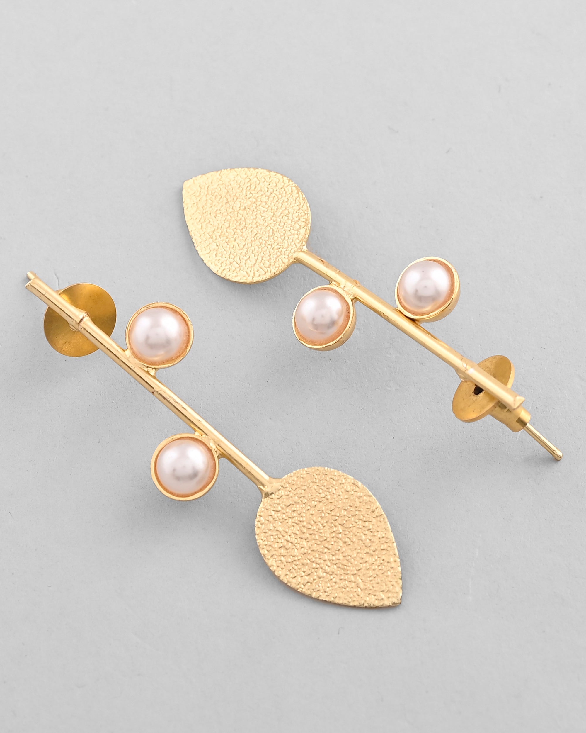 VOJ Gold-Polished Leaf Shaped with Pearl Studded Earrings - Distacart