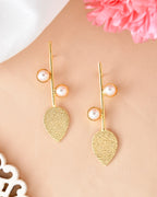 VOJ Gold-Polished Leaf Shaped with Pearl Studded Earrings - Distacart