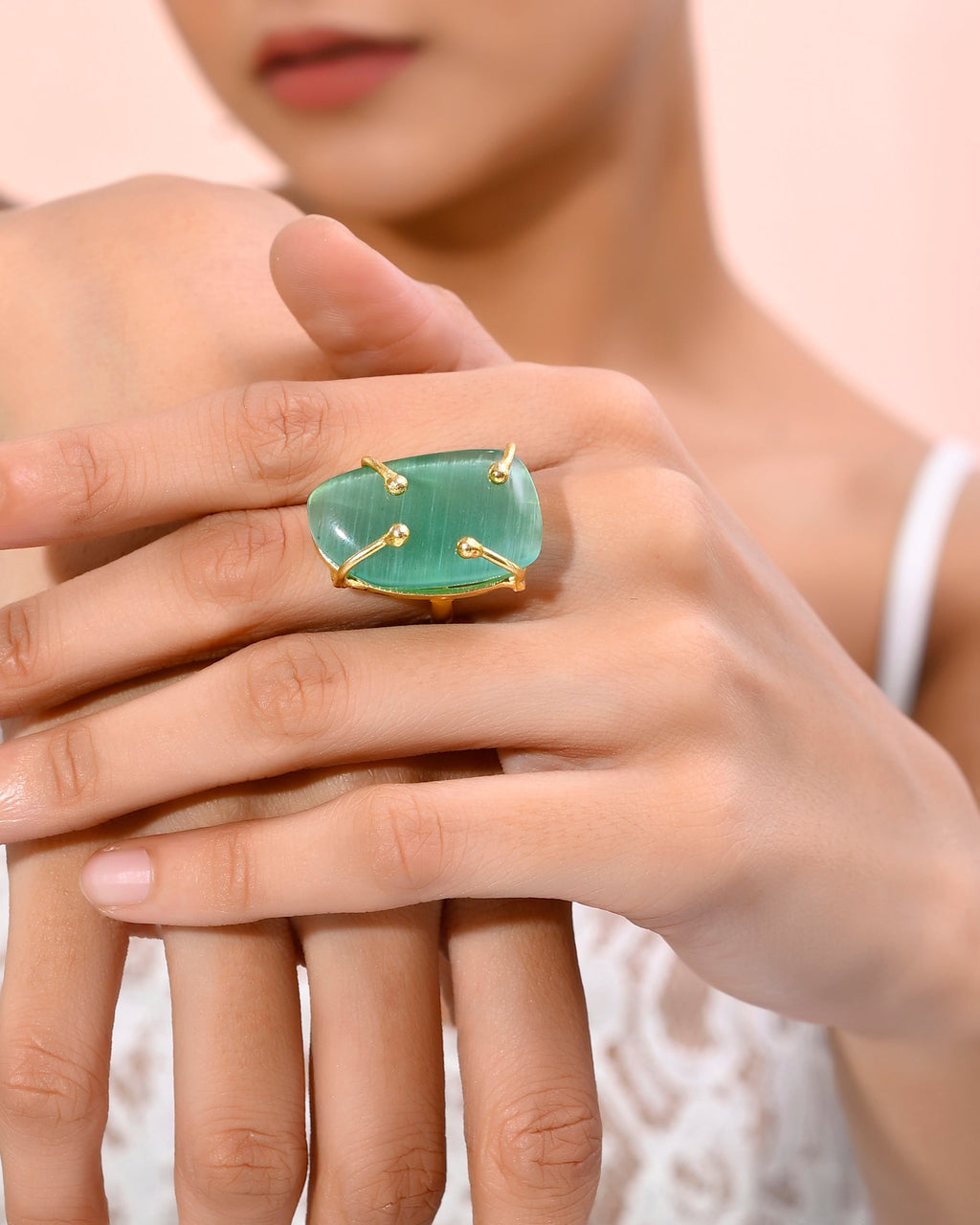 VOJ Gold-Polished Big Green Stone Studded Ring