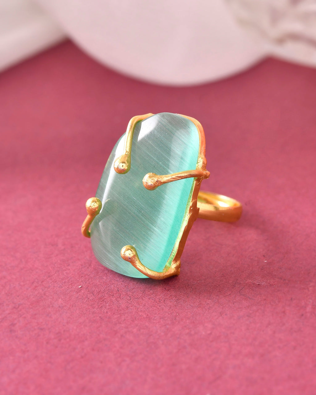 VOJ Gold-Polished Big Green Stone Studded Ring
