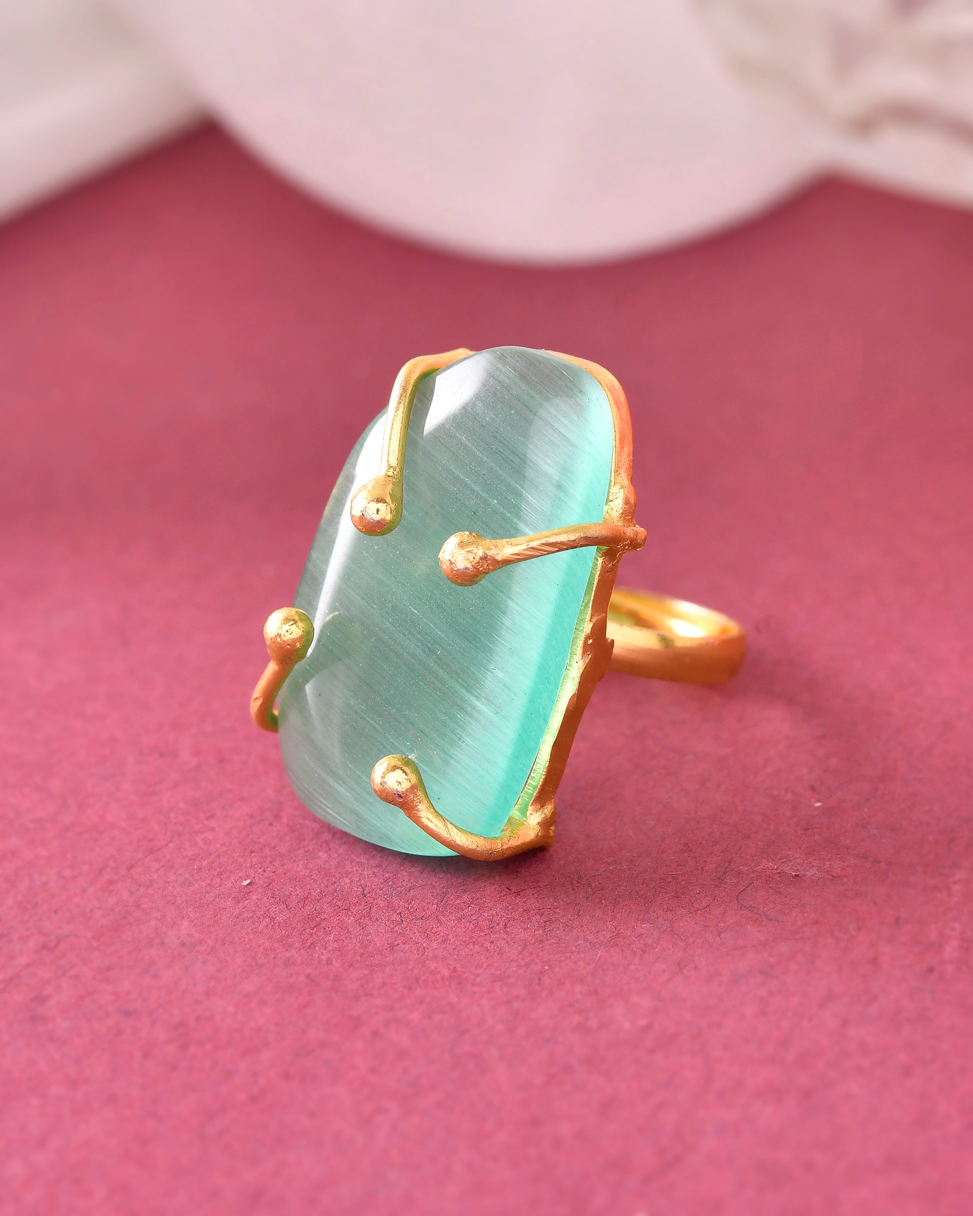 VOJ Gold-Polished Big Green Stone Studded Ring