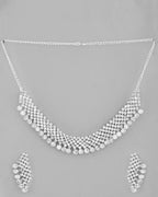VOJ AD Stone Studded Silver Plated Necklace With Drop Earrings Set