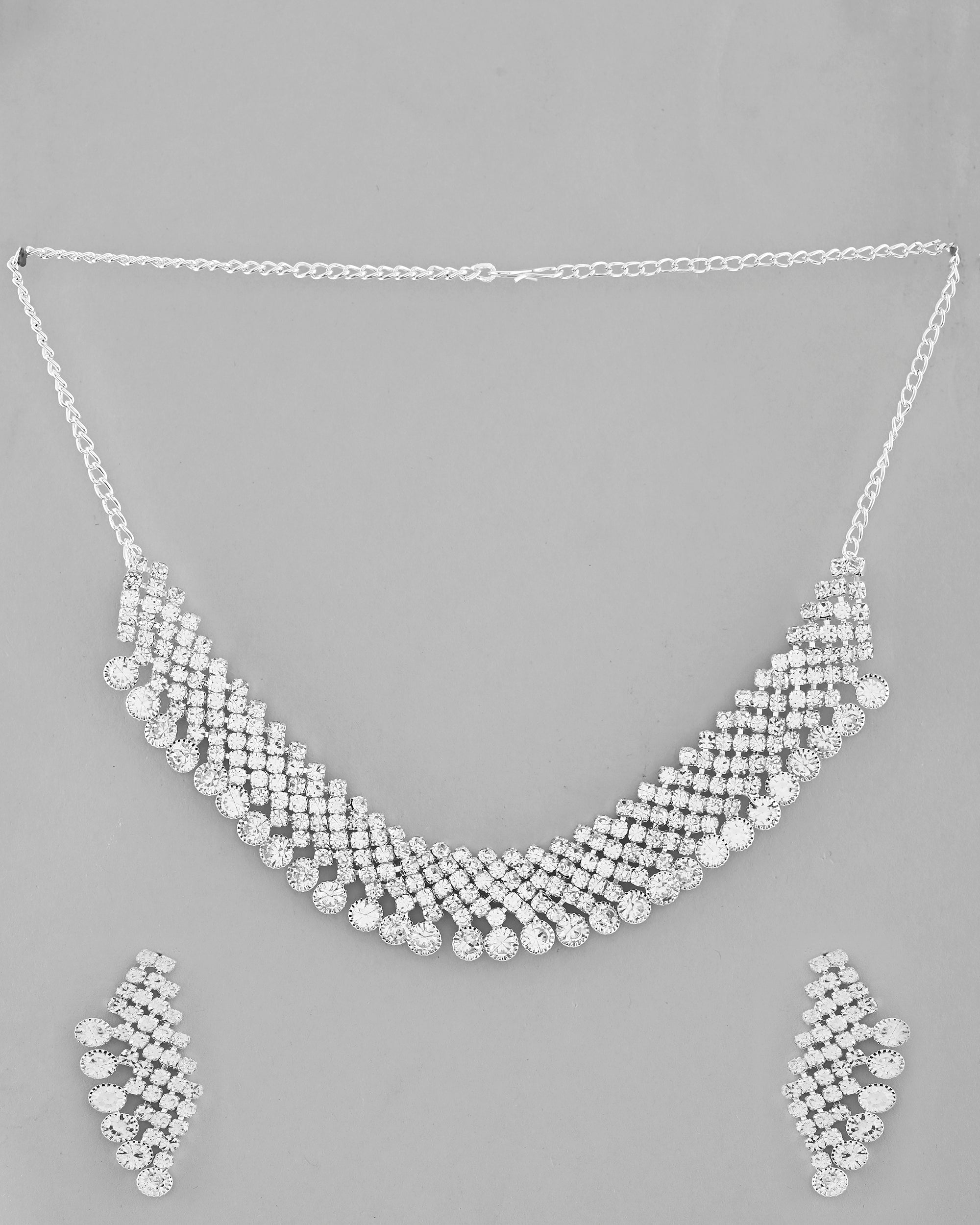 VOJ AD Stone Studded Silver Plated Necklace With Drop Earrings Set