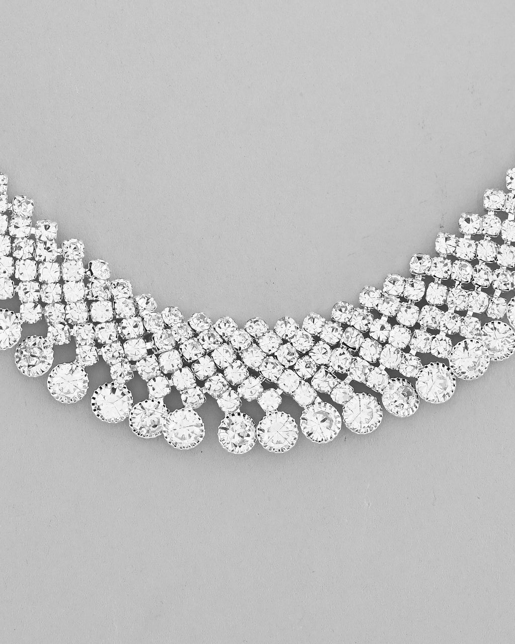 VOJ AD Stone Studded Silver Plated Necklace With Drop Earrings Set