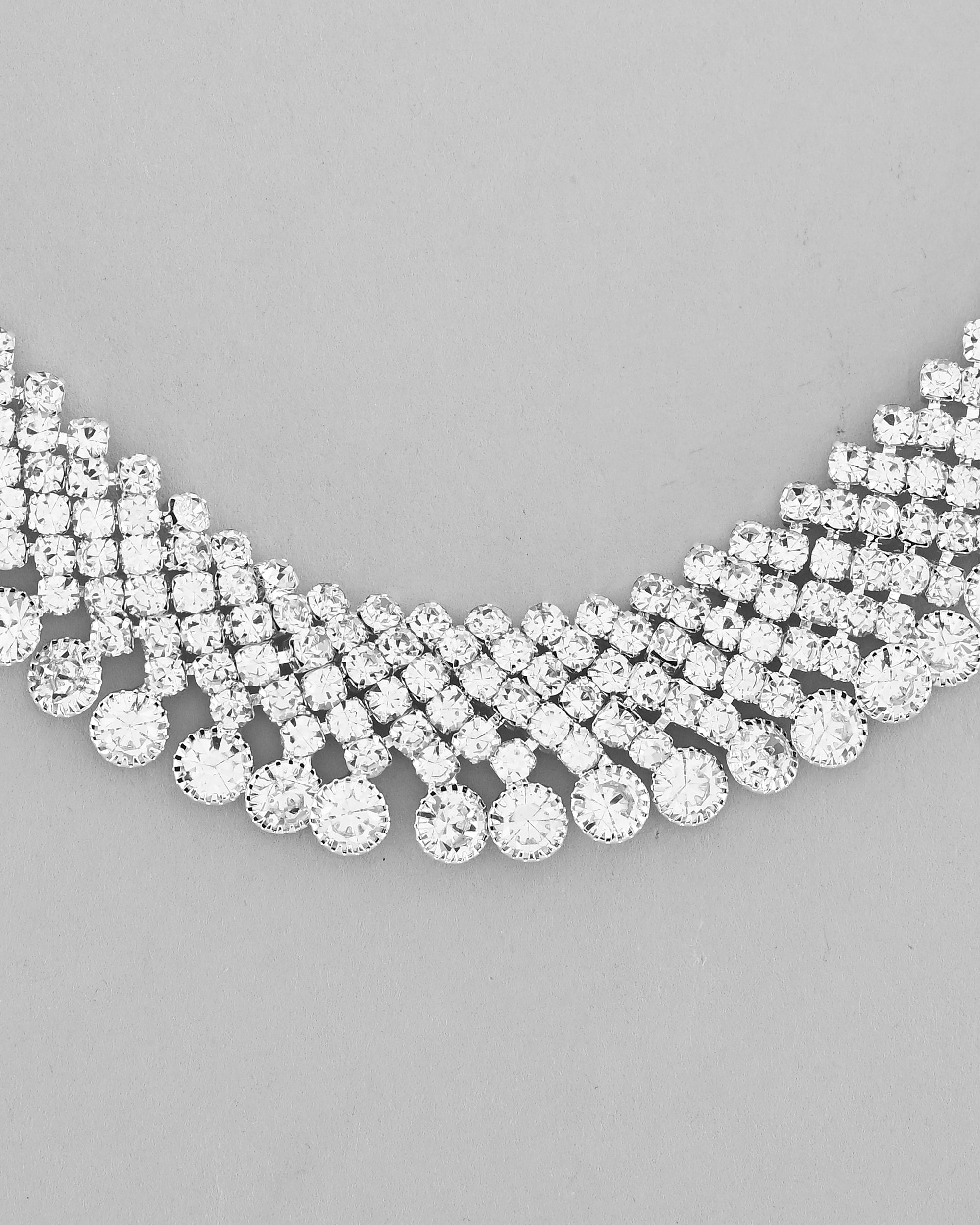 VOJ AD Stone Studded Silver Plated Necklace With Drop Earrings Set