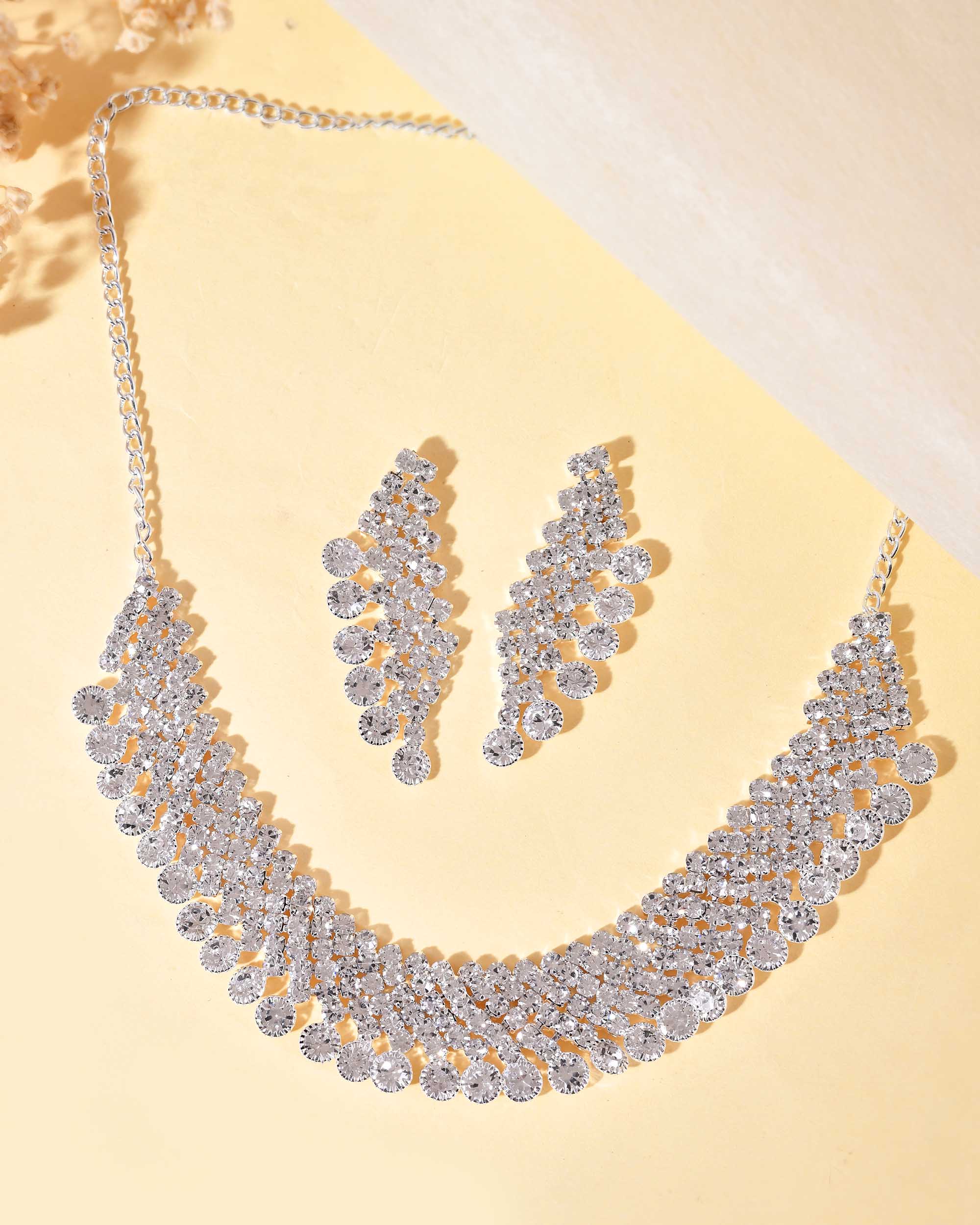 VOJ AD Stone Studded Silver Plated Necklace With Drop Earrings Set