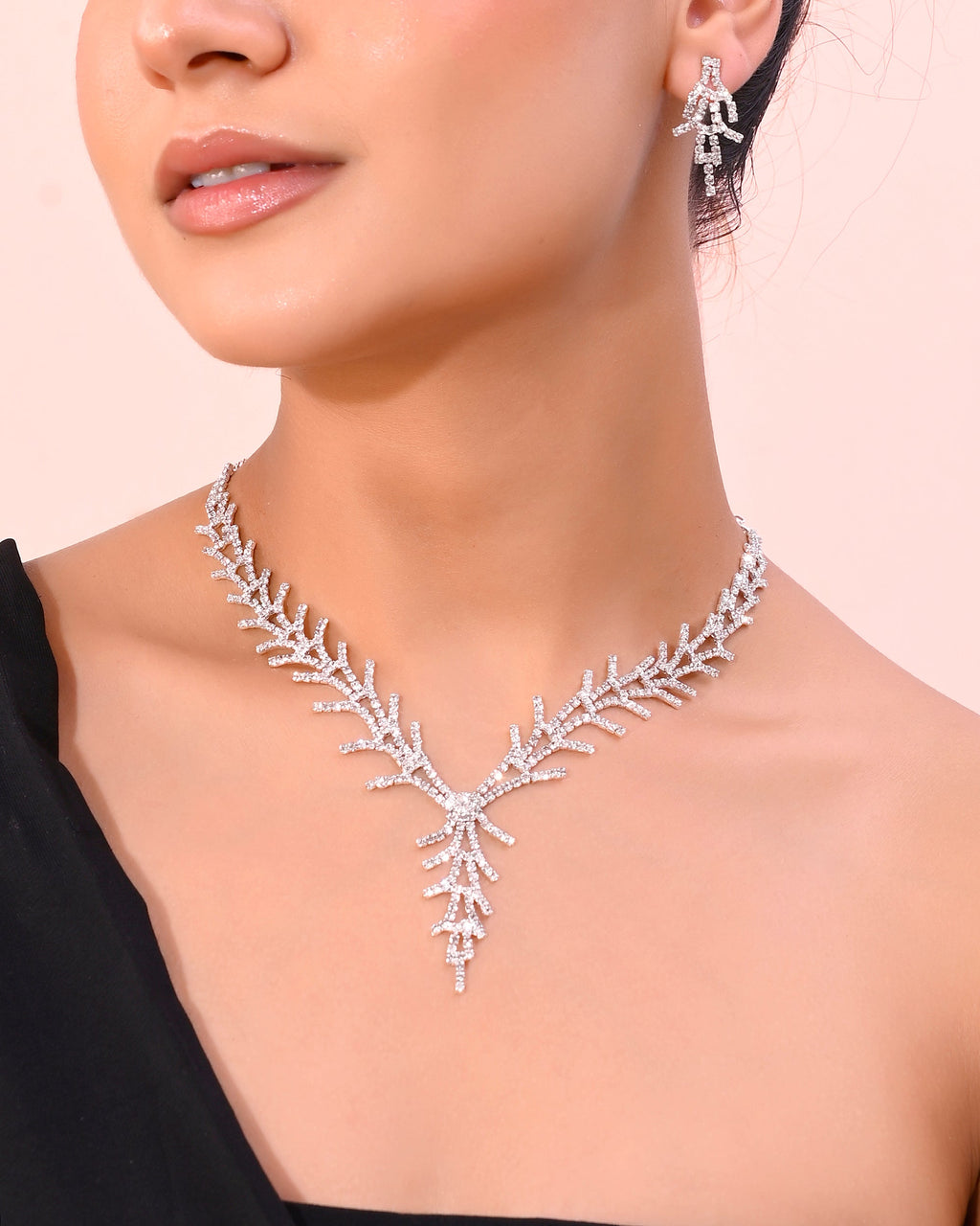 VOJ AD Stone Studded Silver Plated Designer Jewellery Set