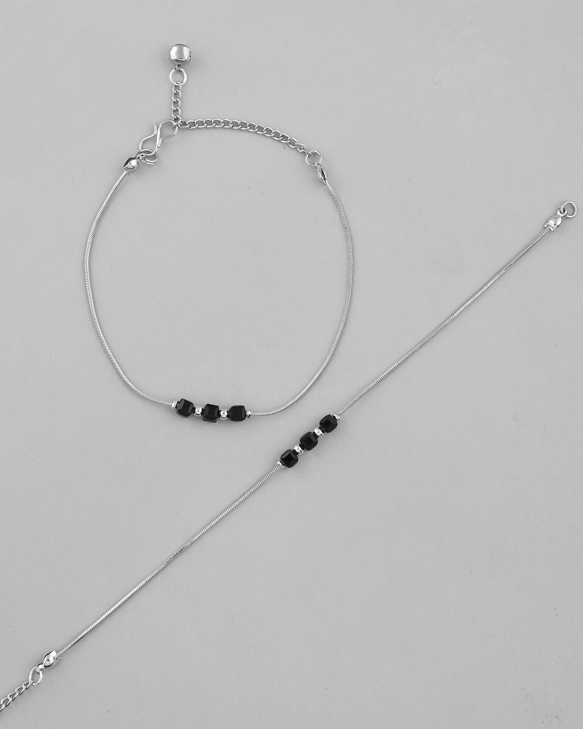 VOJ Set Of 2 Silver Plated With Black Beads Anklet - Distacart