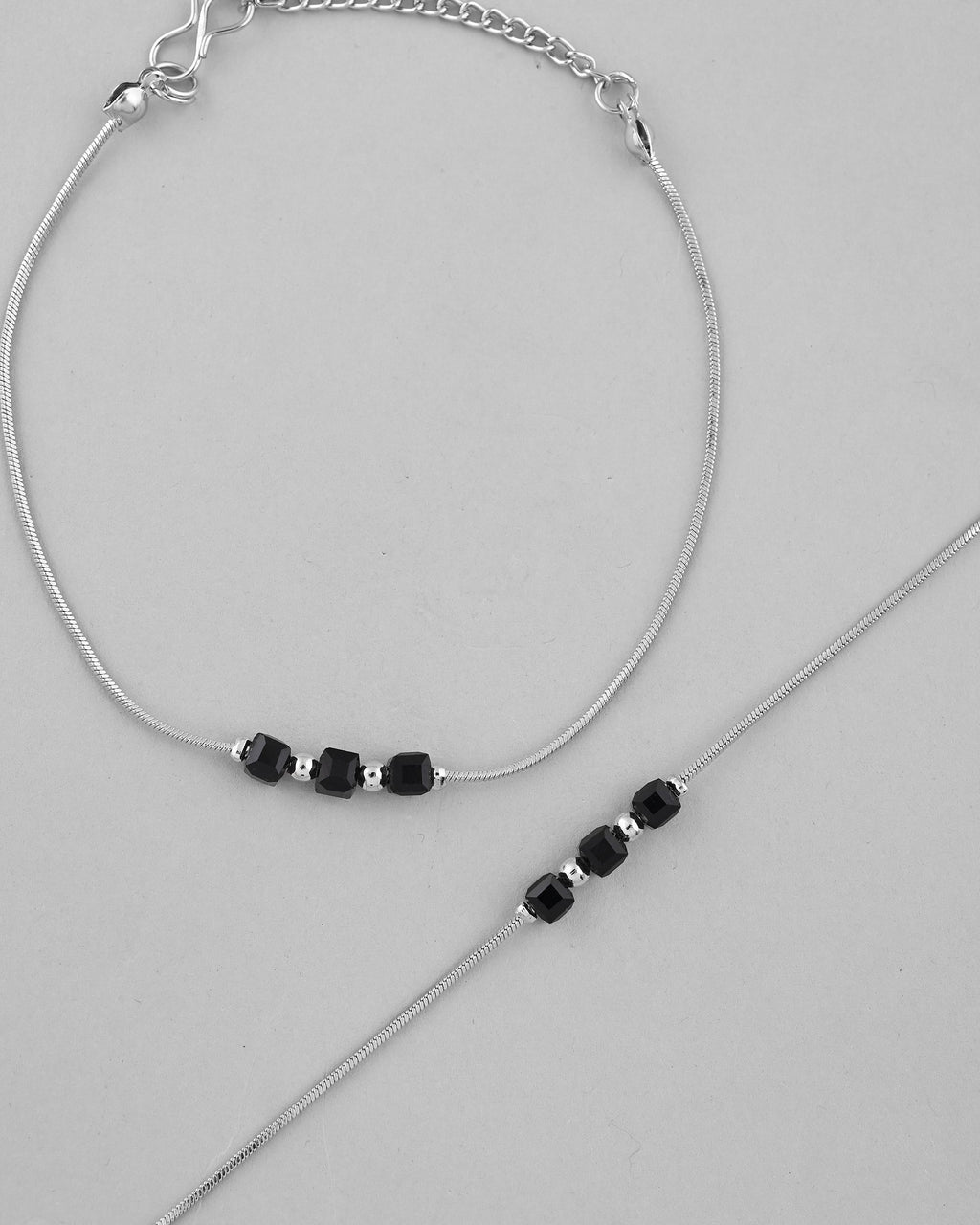 VOJ Set Of 2 Silver Plated With Black Beads Anklet - Distacart