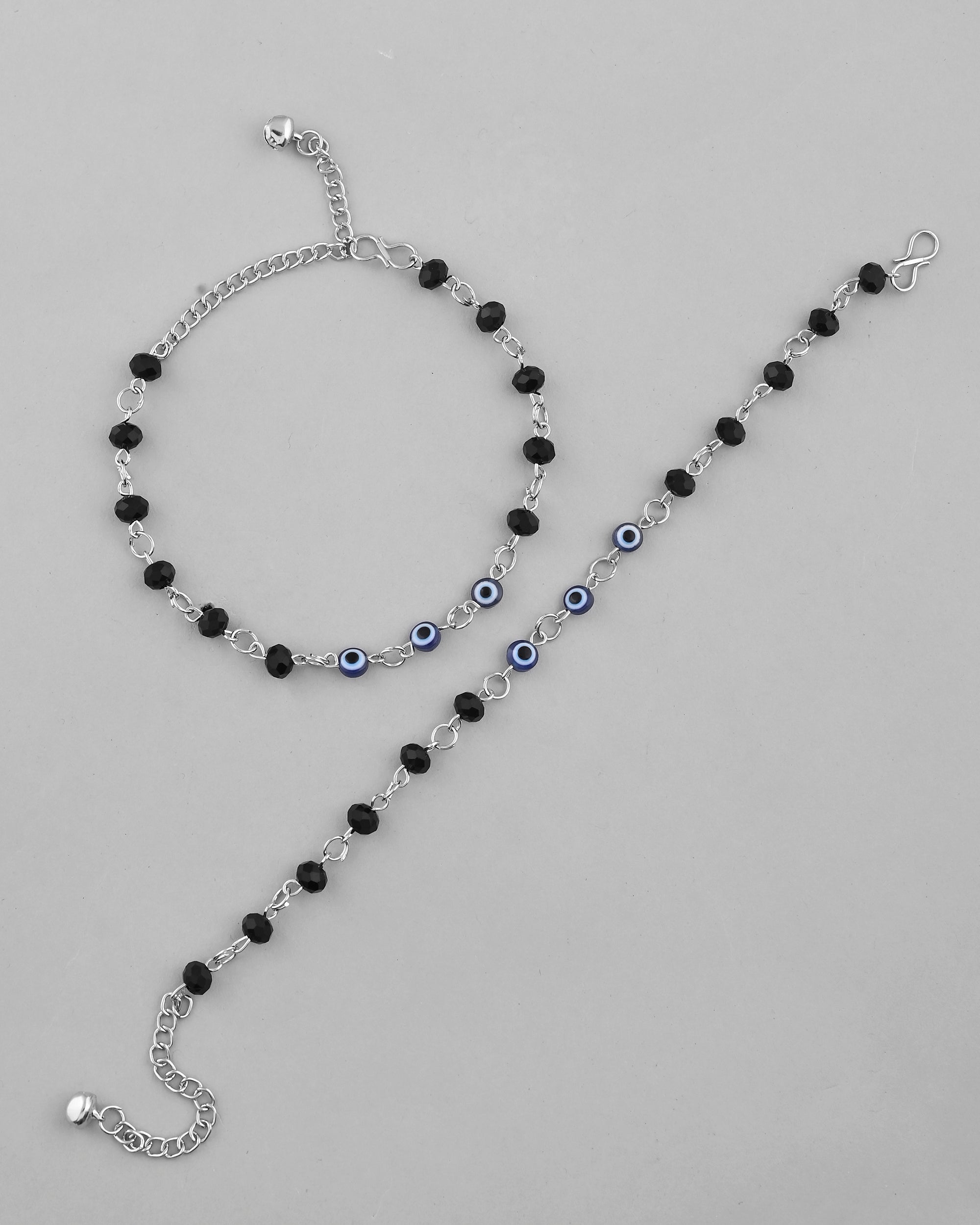 VOJ Set Of 2 Silver Plated With Black beads and Evil Eye Anklet - Distacart