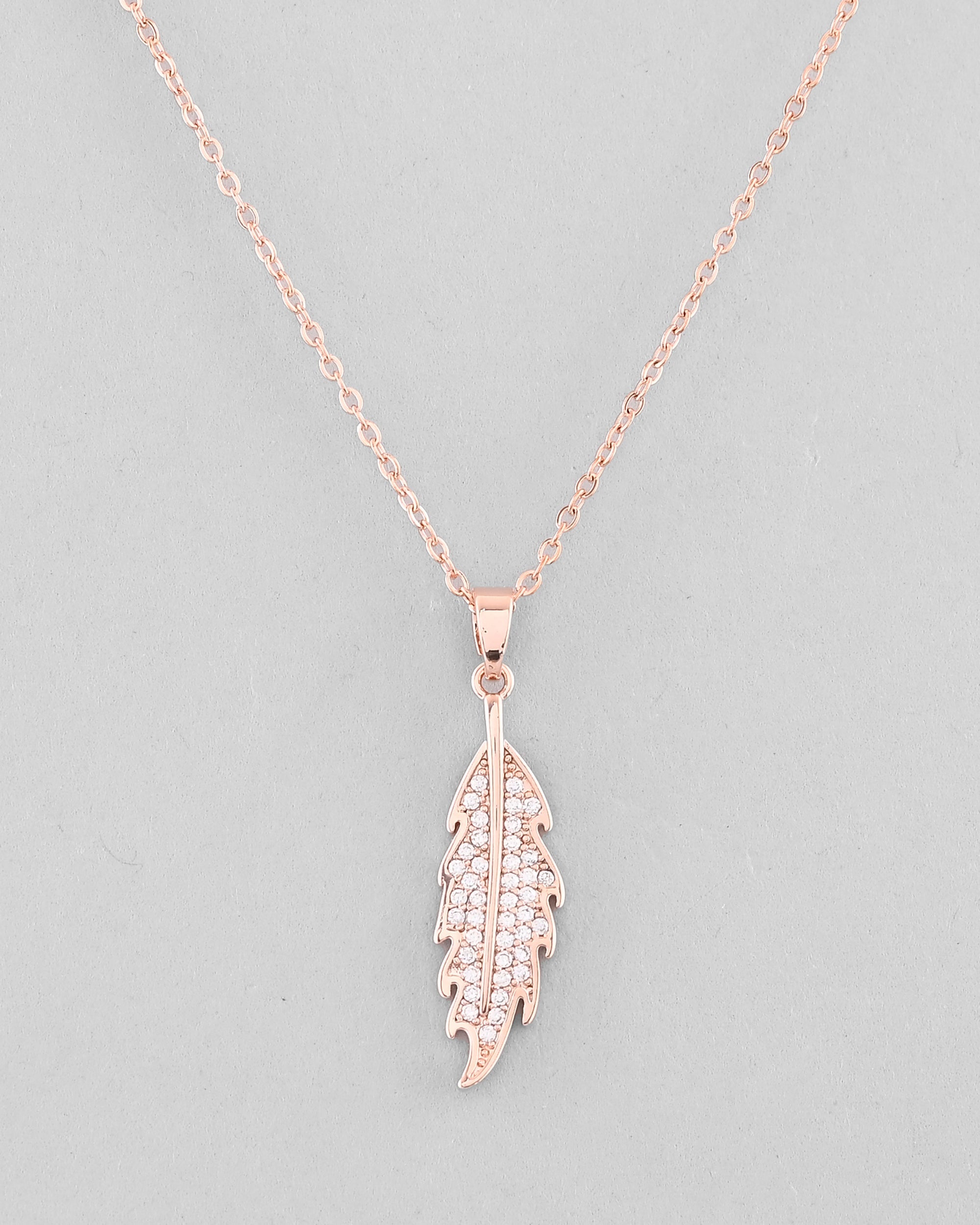 VOJ Rose Gold-Polished Chain With AD Studded Leaf Shaped Pendent