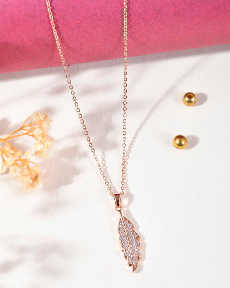VOJ Rose Gold-Polished Chain With AD Studded Leaf Shaped Pendent