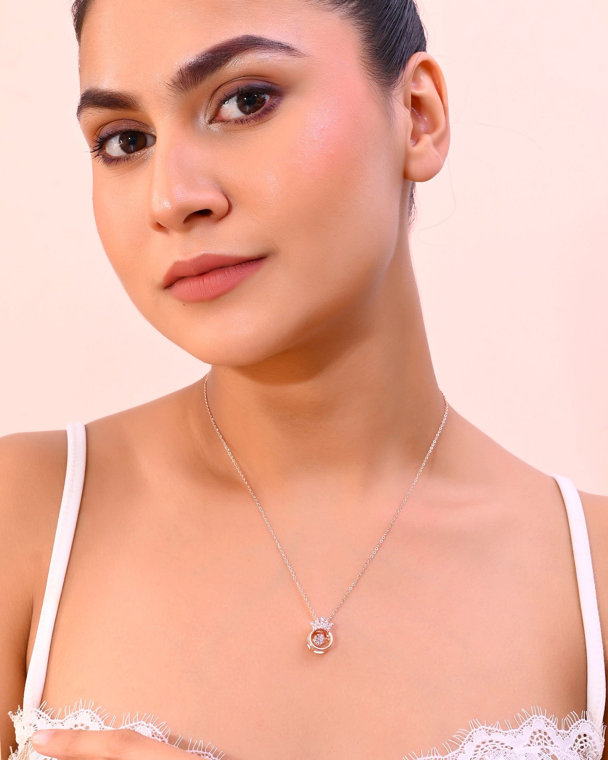 VOJ Rose Gold-Polished Chain With AD Studded crown Shaped Pendent