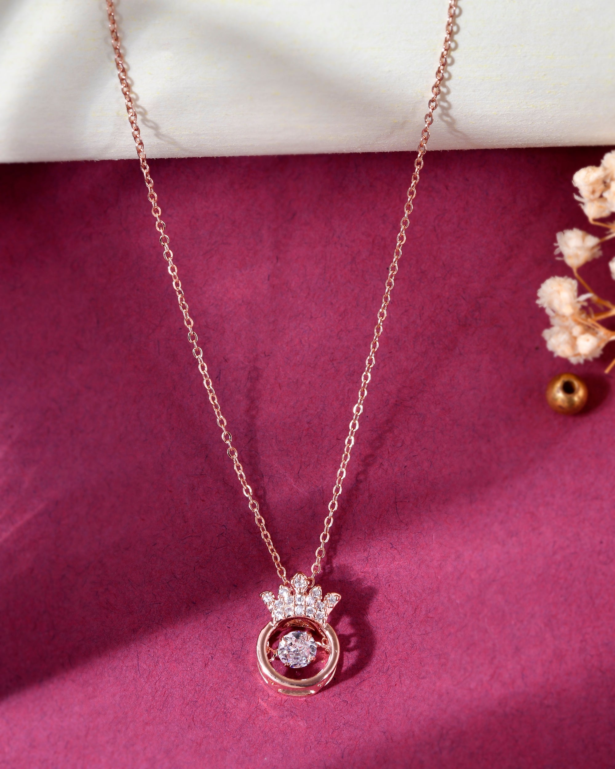 VOJ Rose Gold-Polished Chain With AD Studded crown Shaped Pendent