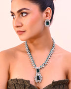 VOJ Green Silver-Plated Long Necklace Earring Jewellery Set