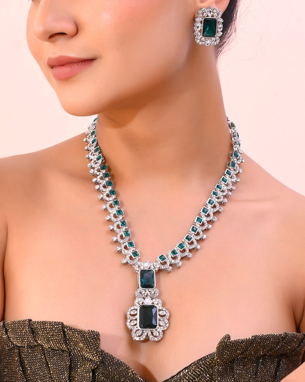 VOJ Green Silver-Plated Long Necklace Earring Jewellery Set