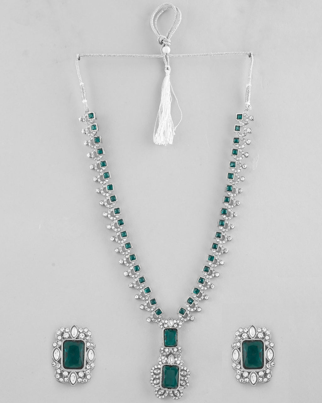 VOJ Green Silver-Plated Long Necklace Earring Jewellery Set