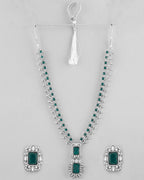 VOJ Green Silver-Plated Long Necklace Earring Jewellery Set