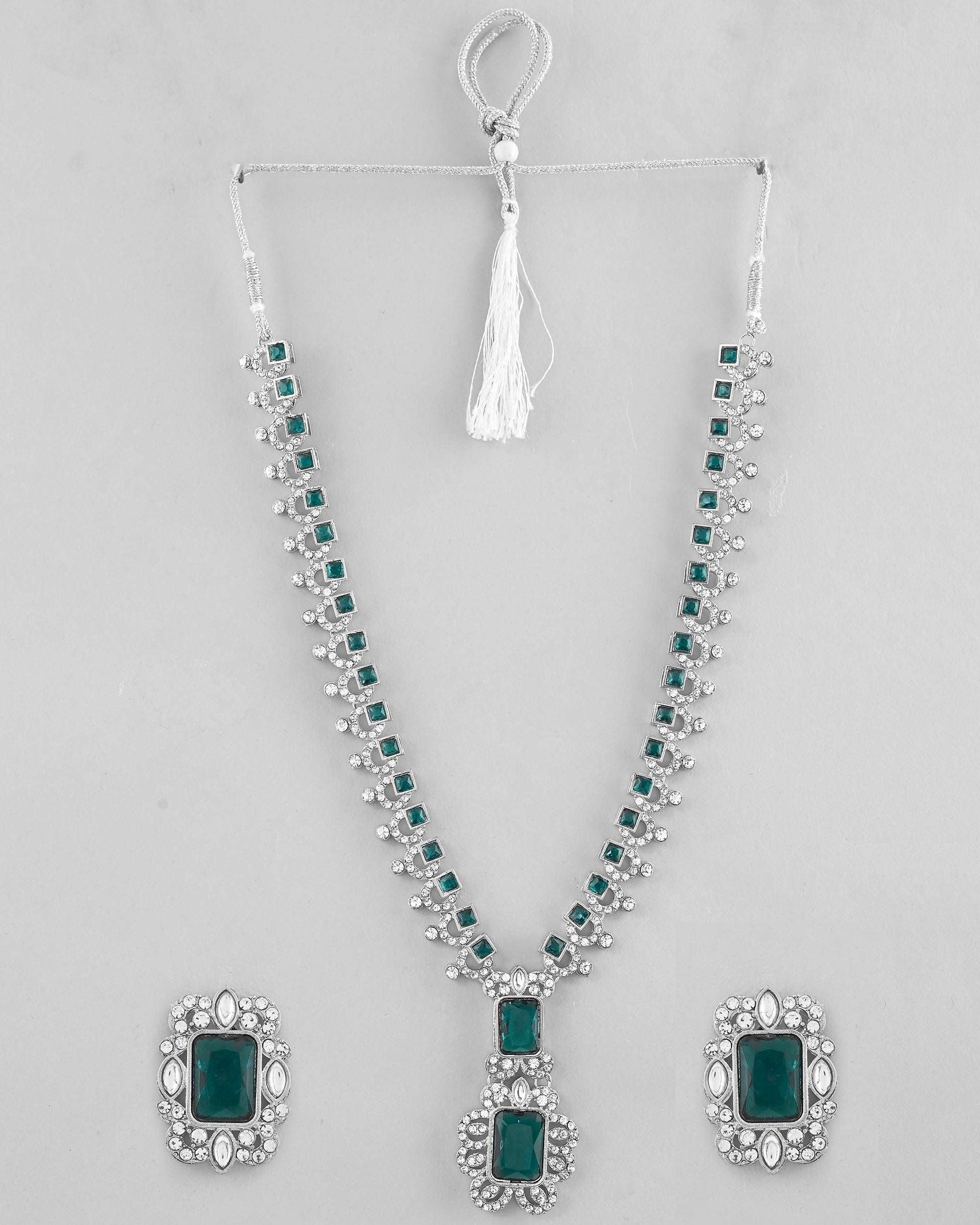 VOJ Green Silver-Plated Long Necklace Earring Jewellery Set