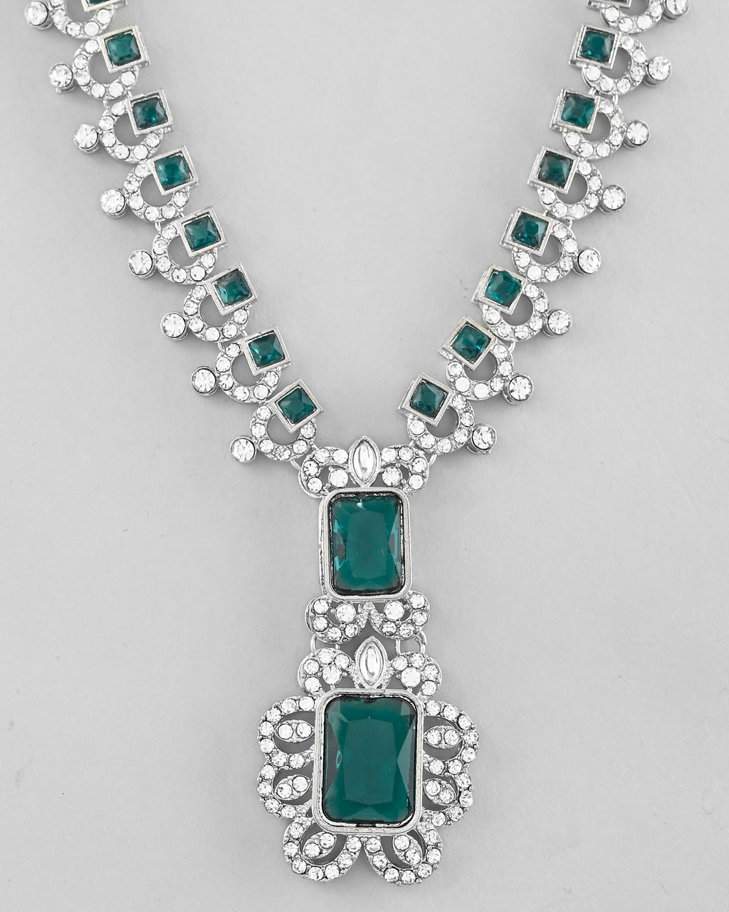 VOJ Green Silver-Plated Long Necklace Earring Jewellery Set