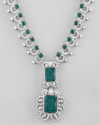 VOJ Green Silver-Plated Long Necklace Earring Jewellery Set