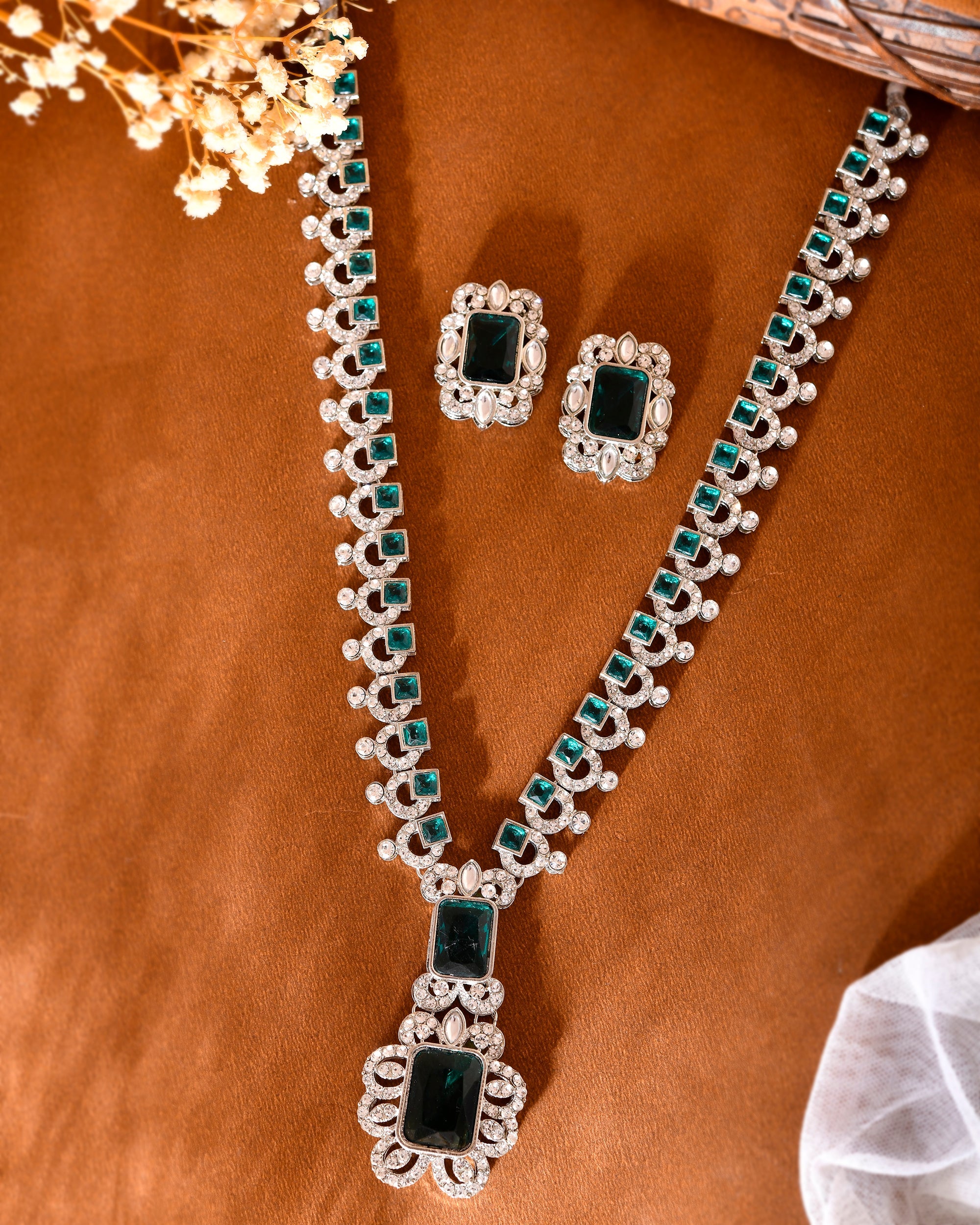 VOJ Green Silver-Plated Long Necklace Earring Jewellery Set