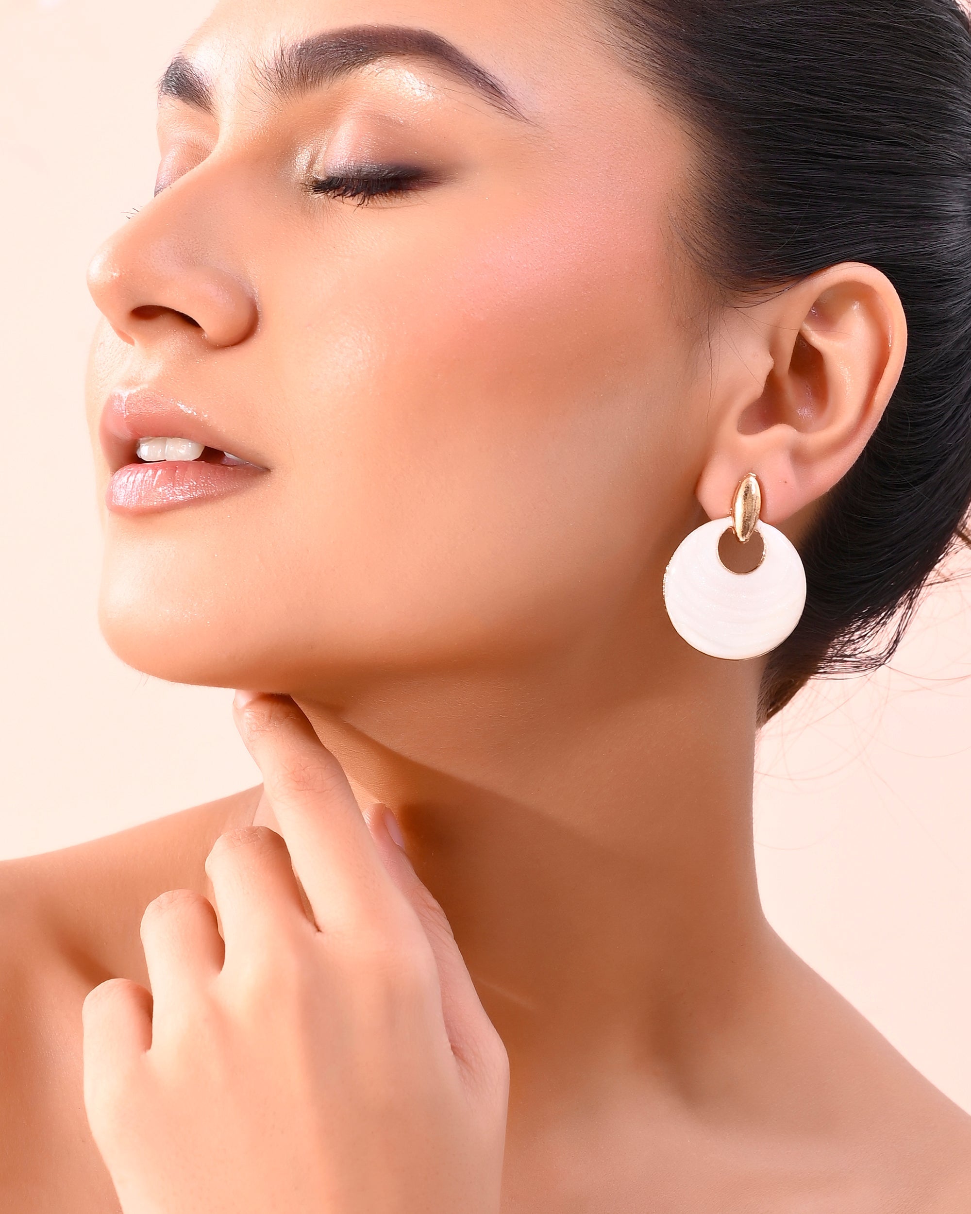 VOJ Gold-Polished Korean Style White Circular Studs Earrings - Distacart