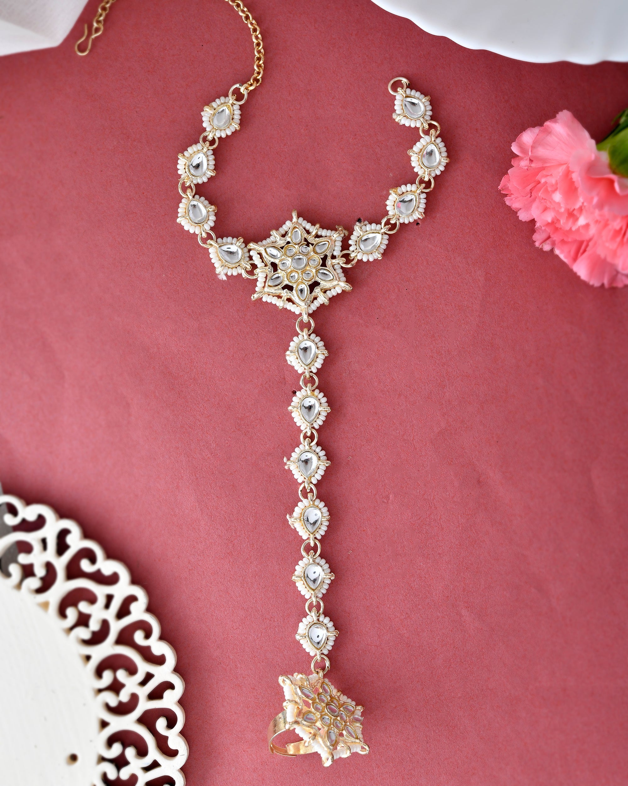 VOJ Gold-Polished Pearl And Kundan Ring Bracelet - Distacart