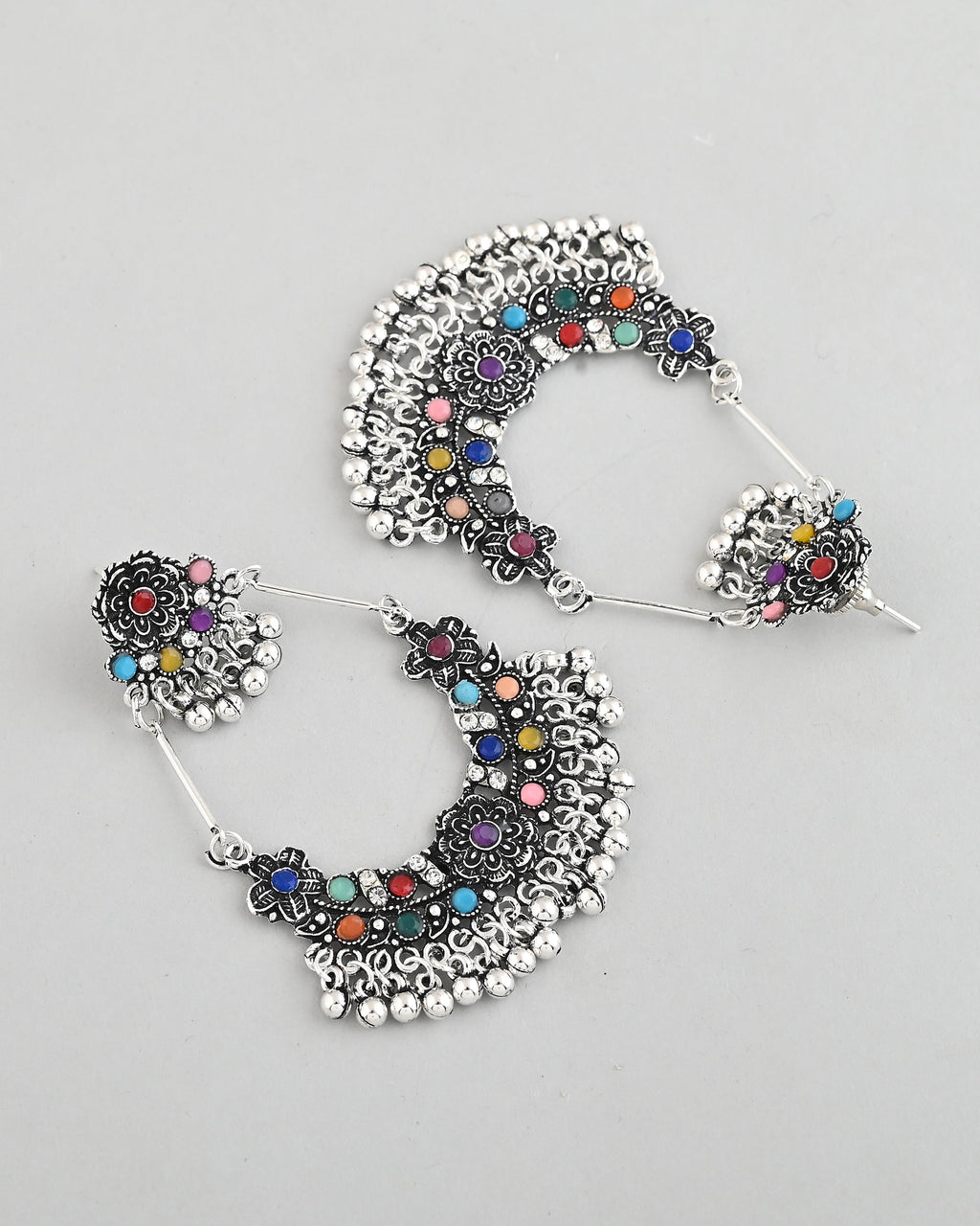 VOJ Silver-Plated multi Colour Flower Oxidized Shaped Drop Earrings - Distacart