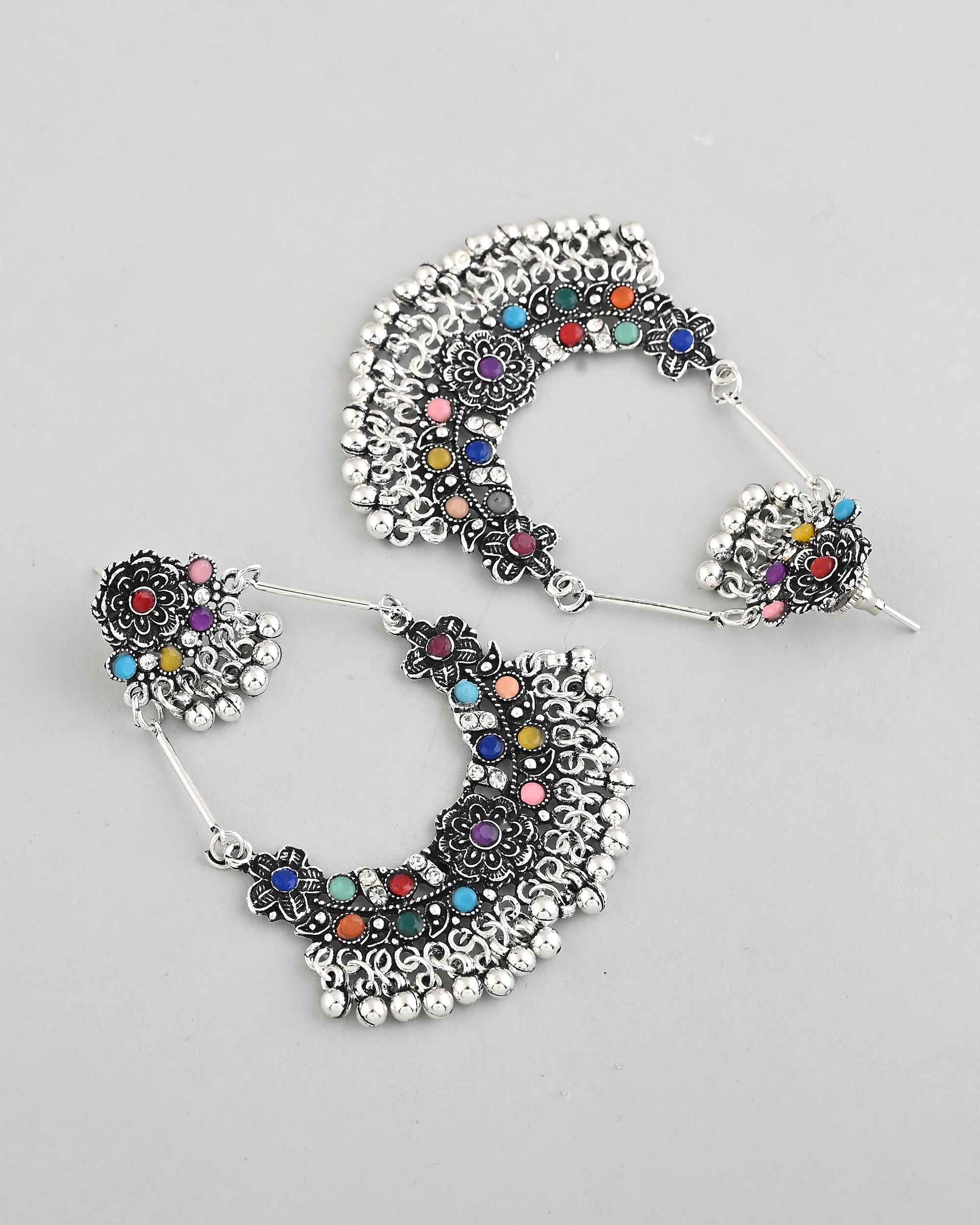 VOJ Silver-Plated multi Colour Flower Oxidized Shaped Drop Earrings - Distacart