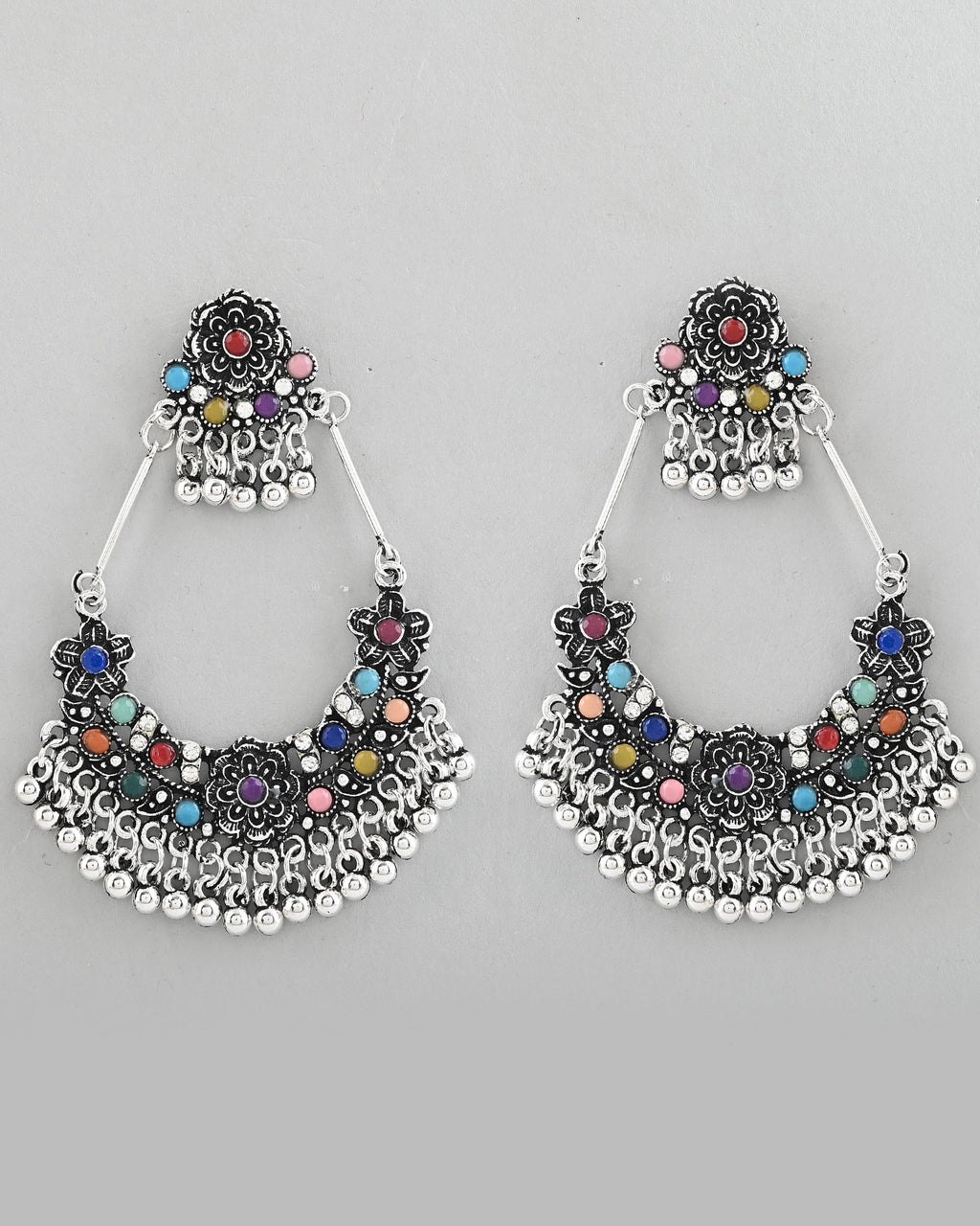 VOJ Silver-Plated multi Colour Flower Oxidized Shaped Drop Earrings - Distacart