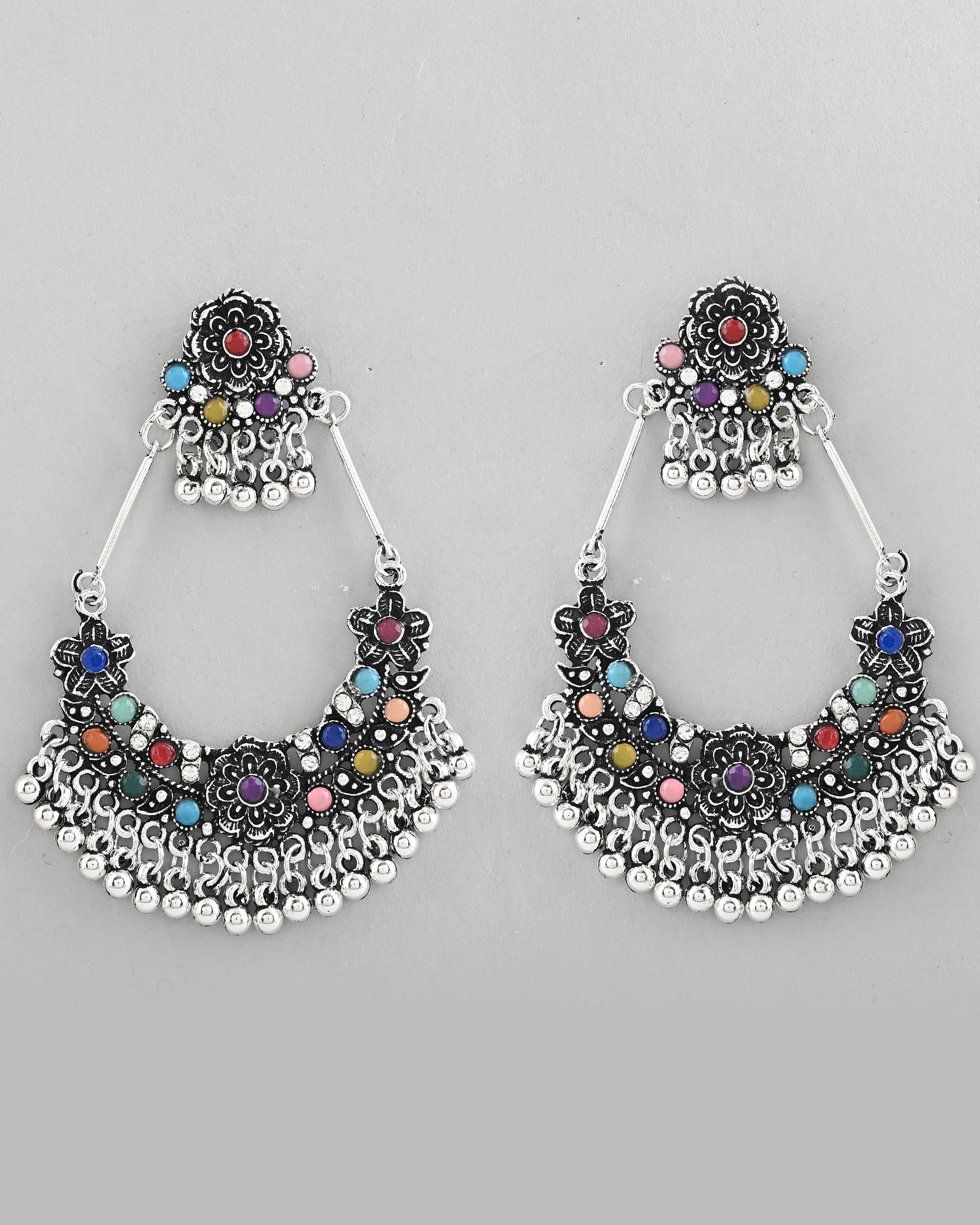 VOJ Silver-Plated multi Colour Flower Oxidized Shaped Drop Earrings - Distacart