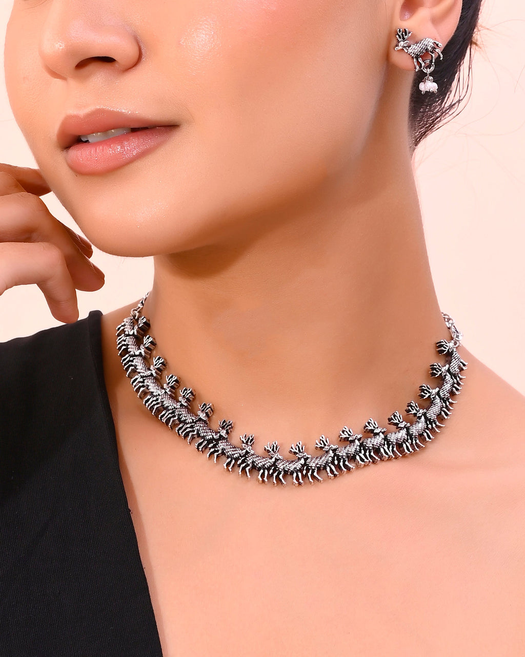 VOJ Rhodium-Plated Deer Oxidized Contemporary Choker With Earrings Set