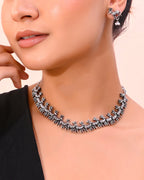 VOJ Rhodium-Plated Deer Oxidized Contemporary Choker With Earrings Set