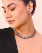 VOJ Rhodium-Plated Deer Oxidized Contemporary Choker With Earrings Set