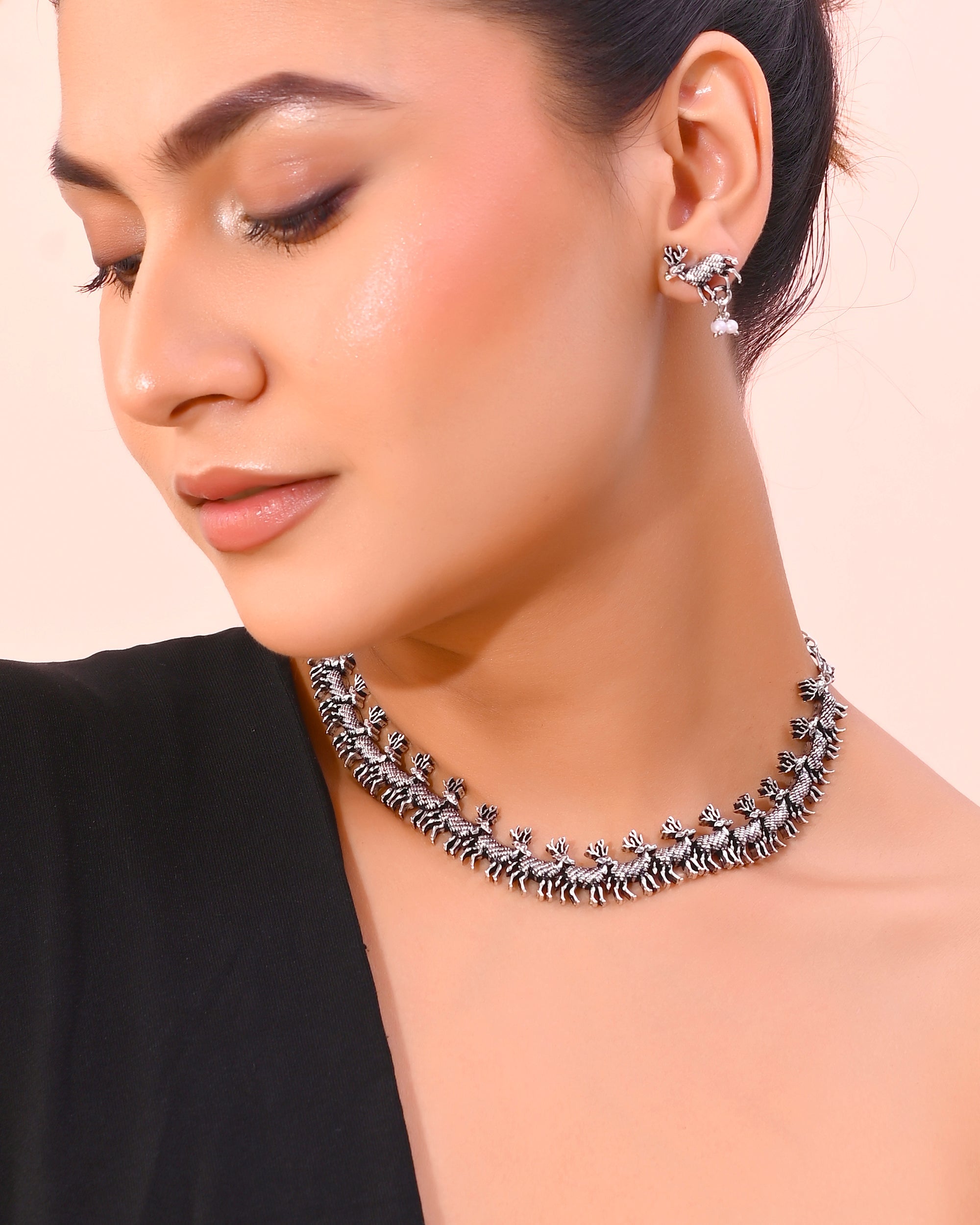 VOJ Rhodium-Plated Deer Oxidized Contemporary Choker With Earrings Set