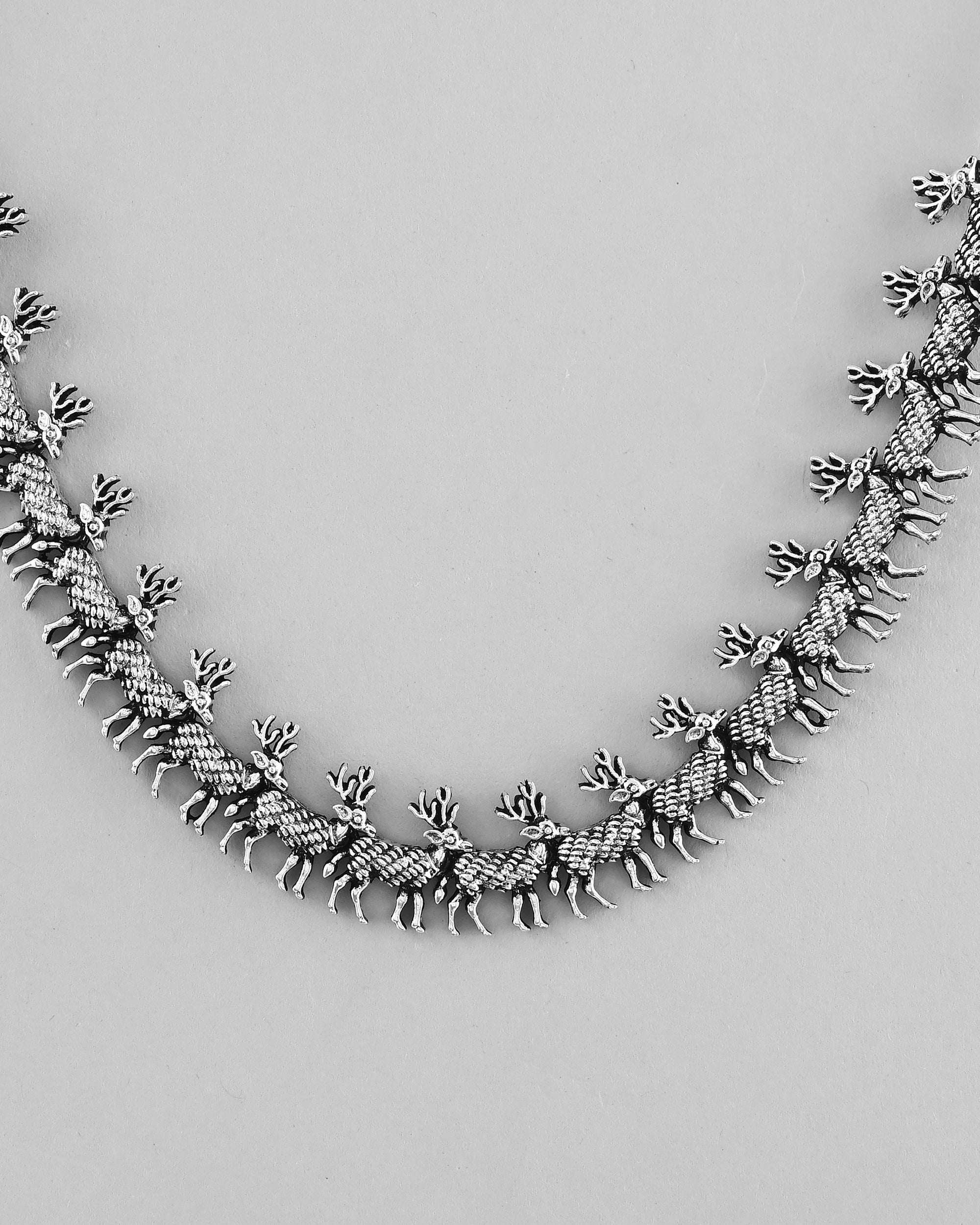 VOJ Rhodium-Plated Deer Oxidized Contemporary Choker With Earrings Set