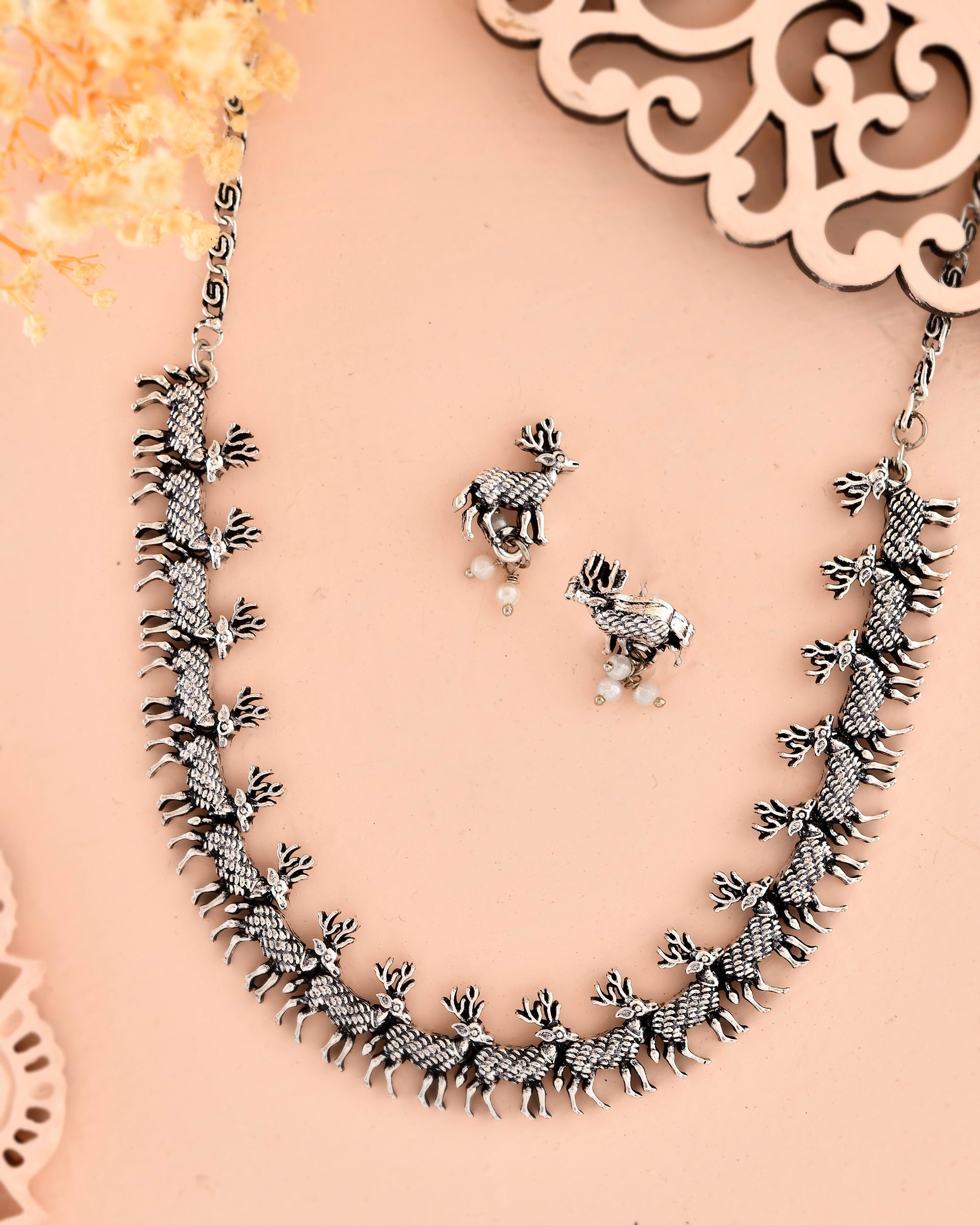 VOJ Rhodium-Plated Deer Oxidized Contemporary Choker With Earrings Set