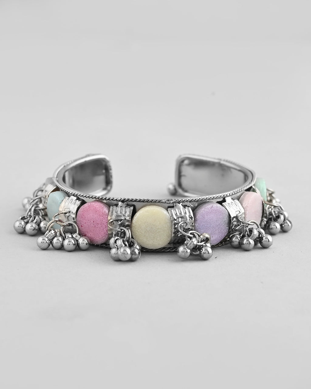VOJ Silver-Plated Multi Colour Stone And Ghungroo Studded Oxidized Cuff Bracelet - Distacart