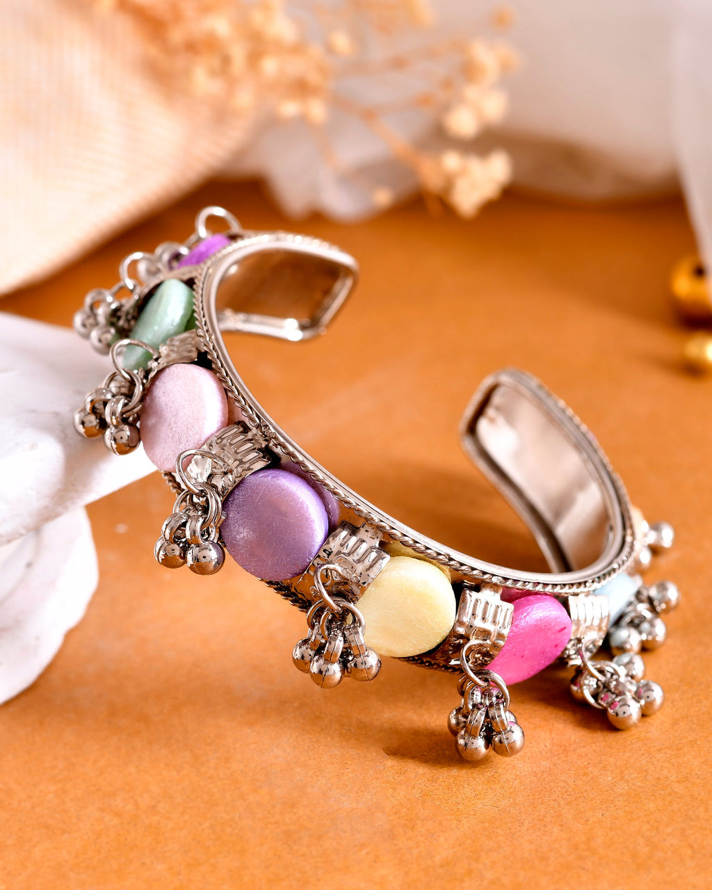 VOJ Silver-Plated Multi Colour Stone And Ghungroo Studded Oxidized Cuff Bracelet - Distacart
