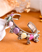 VOJ Silver-Plated Multi Colour Stone And Ghungroo Studded Oxidized Cuff Bracelet - Distacart
