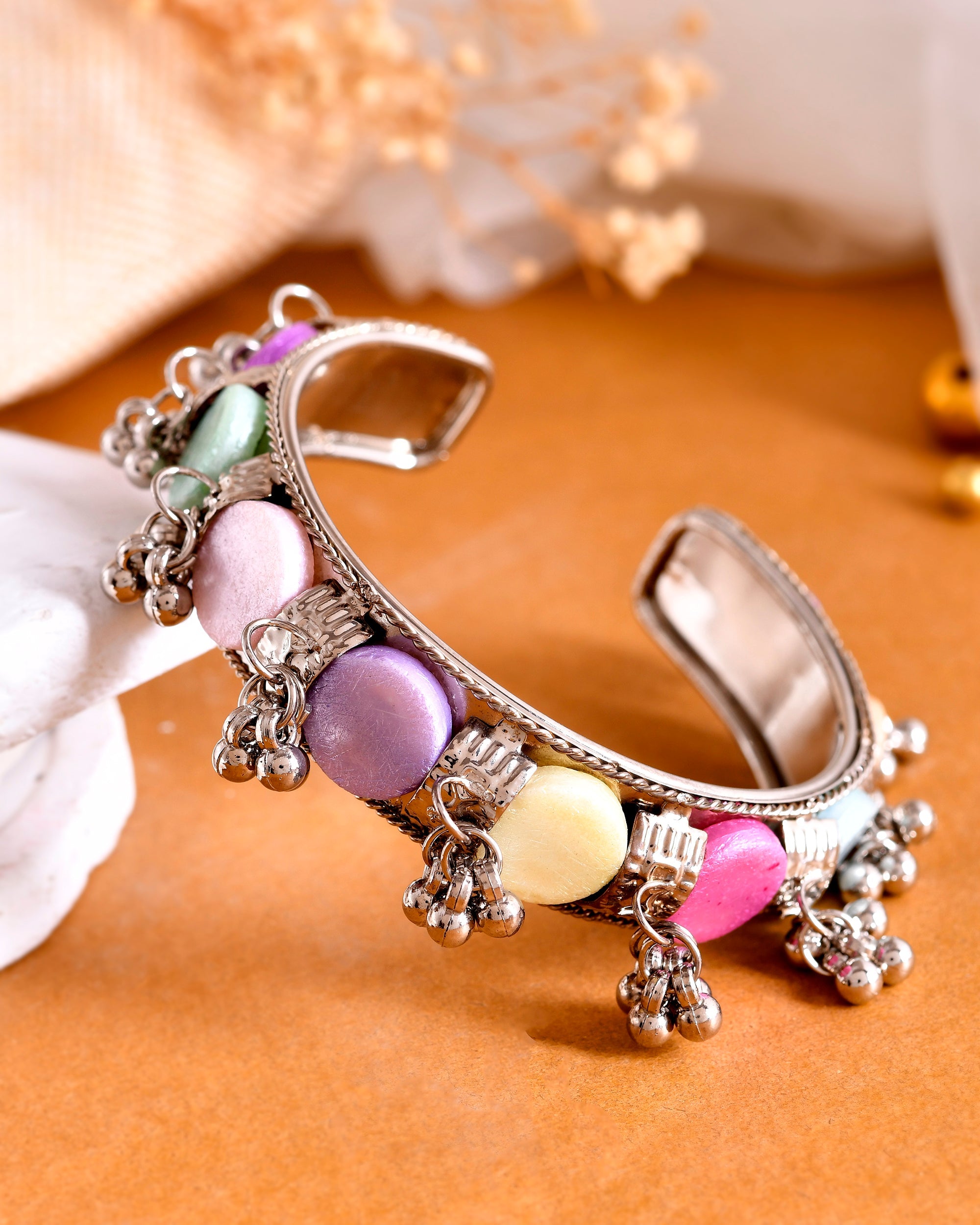 VOJ Silver-Plated Multi Colour Stone And Ghungroo Studded Oxidized Cuff Bracelet - Distacart