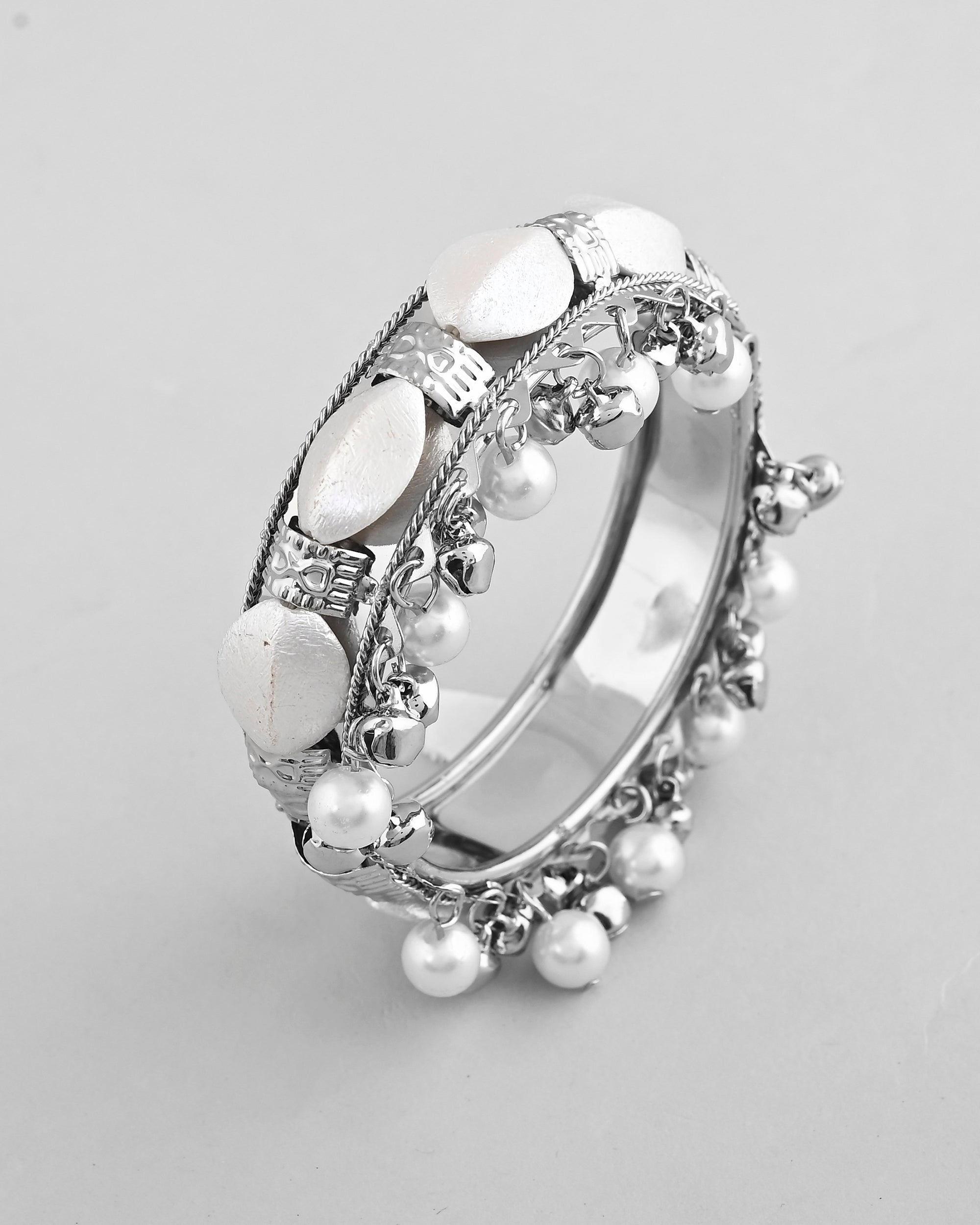 VOJ Silver-Plated Pearl And Ghungroo Studded Oxidized Cuff Bracelet - Distacart