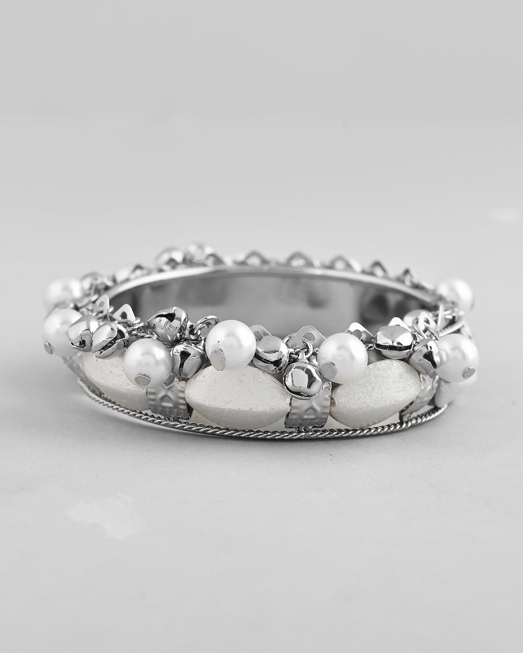 VOJ Silver-Plated Pearl And Ghungroo Studded Oxidized Cuff Bracelet - Distacart