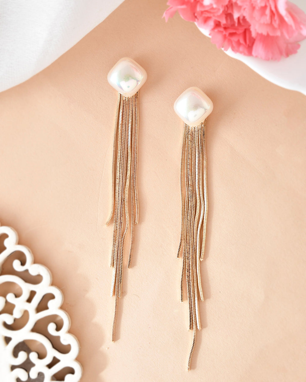 VOJ Gold-Polished Handcrafted Pearl Studded Classic Drop Earrings - Distacart