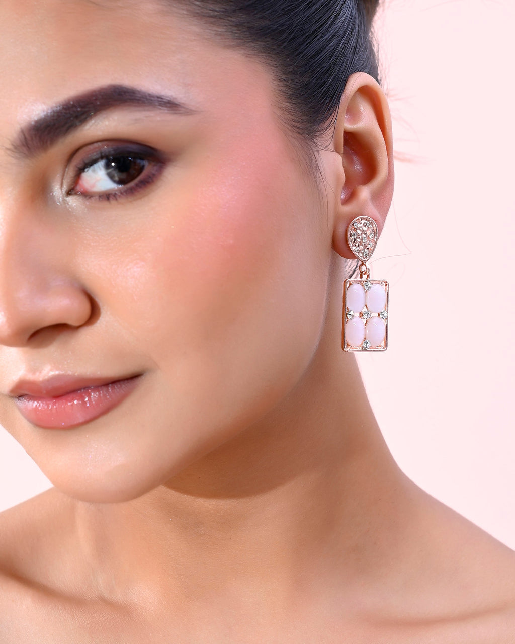 VOJ Rose Gold-Polished Stone Studded Rectangular Drop Earrings - Distacart