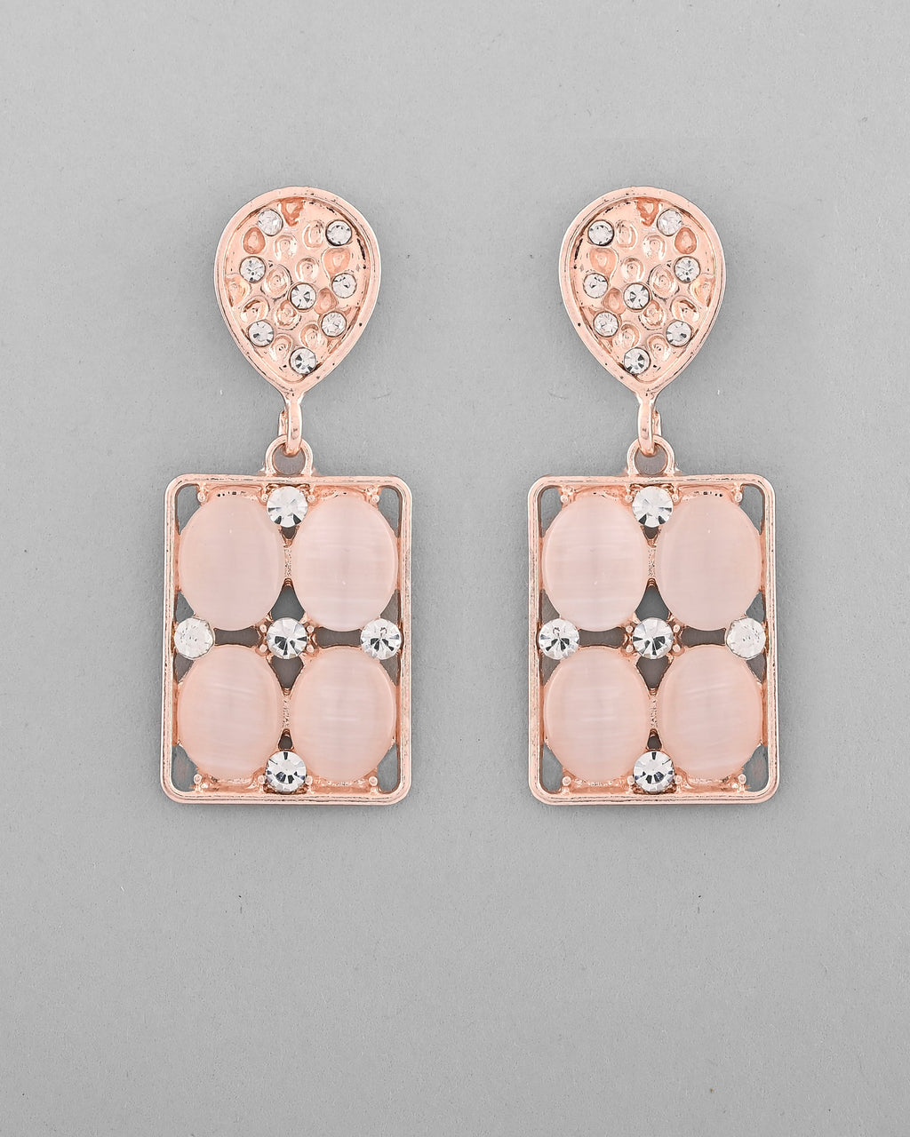 VOJ Rose Gold-Polished Stone Studded Rectangular Drop Earrings - Distacart