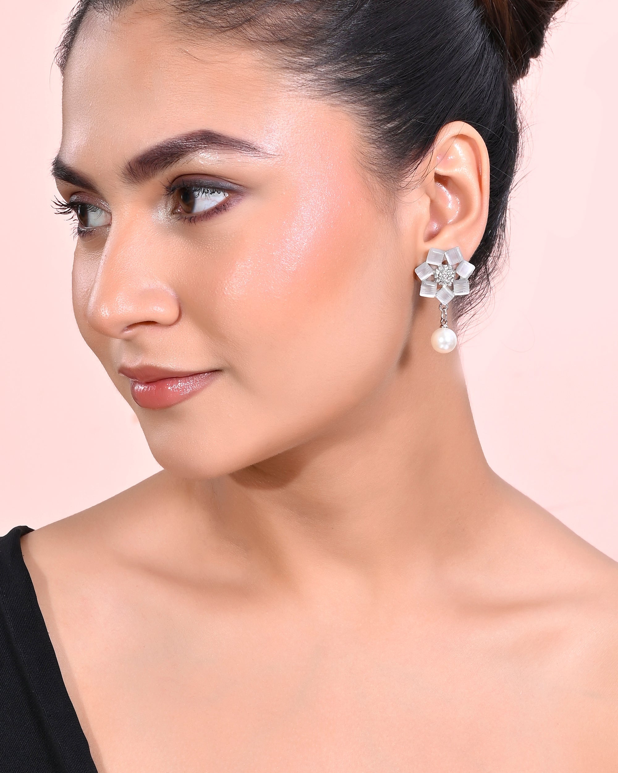 VOJ Silver Plated Floral Stone Studded Earrings - Distacart